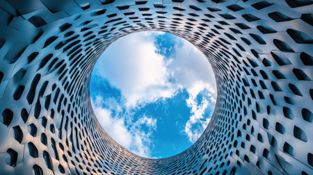 A metallic grid structure forming part of a bridge, framed against a blue skyの素材