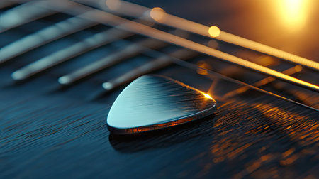 A metallic guitar pick placed diagonally on the fingerboard, reflecting studio lights.の素材