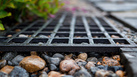A metallic grid used as a cover for an outdoor drain, with small rocks visible beneathの素材