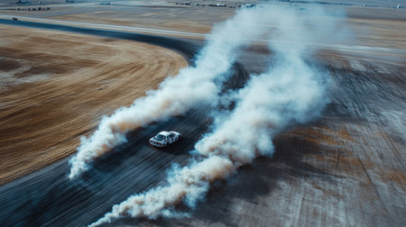 A pair of drift cars performing synchronized drifts, trails of smoke intertwining on the trackの素材
