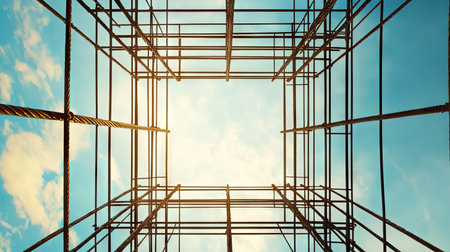 A metal wire grid against a bright sky, creating a symmetrical silhouetteの素材