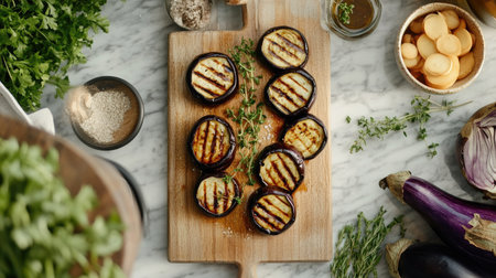 A minimalist kitchen counter with grilled eggplant drizzled with sweet miso sauce on a cutting board, surrounded by fresh ingredientsの素材