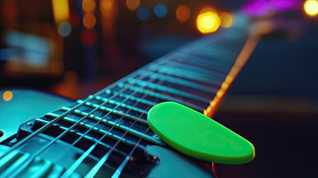 A neon green pick resting at the fifth fret of a guitar, with a blurred amplifier in the background.の素材