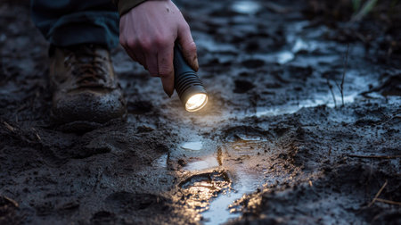 A person's hand holding a flashlight illuminating footprints on a muddy path.の素材