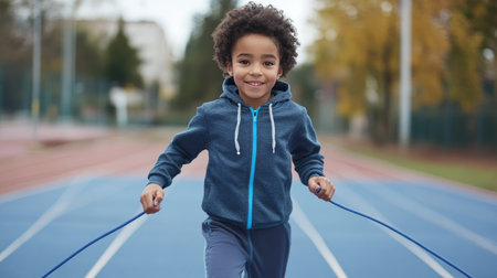 A young athlete training with a skipping rope on a running track, with focus and determination in their expressionの素材