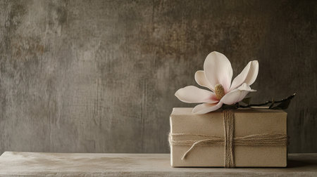 A minimalist-style gift box tied with jute rope, topped with a single fresh magnolia flower, placed on a neutral-toned table.の素材