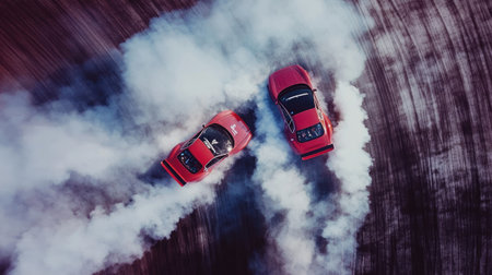 A pair of drift cars performing synchronized drifts, trails of smoke intertwining on the trackの素材