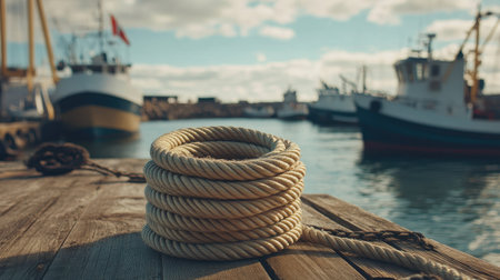 Polyethylene rope rolls on a dock, with boats and water in the background, creating a maritime atmosphere.の素材