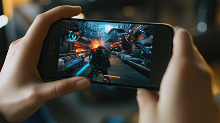 A person's hand playing a virtual reality game on a smartphone, wearing a focused expression.の素材