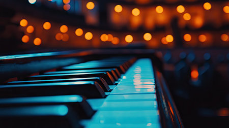 A minimalist shot of a piano bench and keys in the foreground of a dimly lit concert hall.の素材