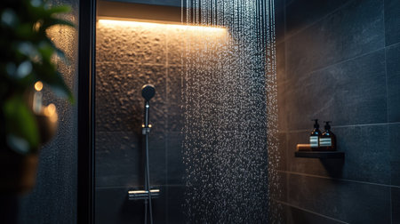 A misty shower door with water droplets glistening under bright bathroom lights.の素材