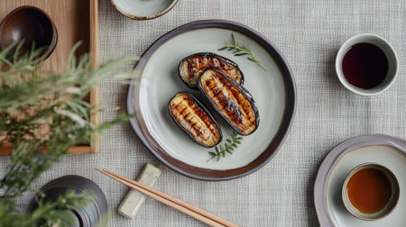 A serene Japanese-inspired dining setup featuring grilled eggplant with sweet miso sauce, tea, and elegant tablewareの素材