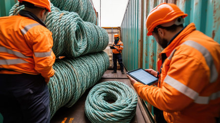Polyethylene rope rolls in a cargo container, with workers performing inventory checks using tablets.の素材