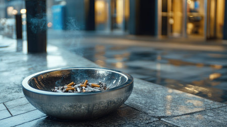 A metallic outdoor ashtray near a building entrance, filled with cigarette butts and ashの素材