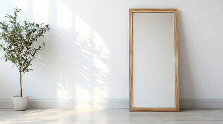 A minimalist mirror with a wooden frame leaning against a plain white wall in a cozy bedroomの素材