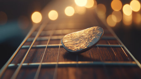 A metallic guitar pick placed diagonally on the fingerboard, reflecting studio lights.の素材