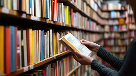 A pair of hands reaching for the same book on a crowded shelf in a bookstore.の素材