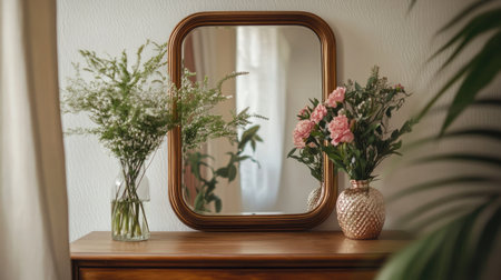 A mirror mounted above a dresser, capturing the reflection of a neatly arranged vase with flowersの素材