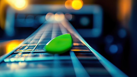 A neon green pick resting at the fifth fret of a guitar, with a blurred amplifier in the background.の素材