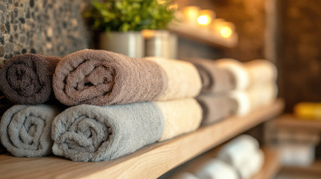 A row of rolled towels in earthy tones, displayed on a wooden spa shelf.の素材