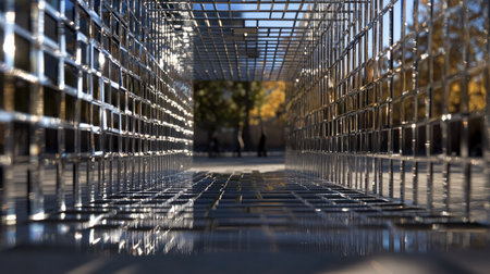 A reflective metallic grid forming part of a modern art installation outdoorsの素材