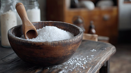 A rustic wooden bowl filled with coarse sea salt, with a wooden scoop resting inside, placed on a weathered wooden table.の素材