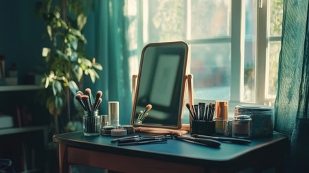 A small square mirror propped on a vanity table, surrounded by makeup tools and brushesの素材