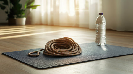 A skipping rope coiled neatly on a yoga mat next to a water bottle, ready for a workout sessionの素材