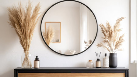 A round mirror with a thin black frame hanging above a small dresser in a modern roomの素材
