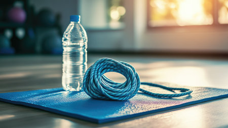 A skipping rope coiled neatly on a yoga mat next to a water bottle, ready for a workout sessionの素材