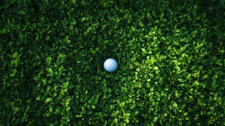 A shiny white golf ball placed precisely near the hole, contrasting with the lush green backdropの素材
