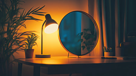 A small, simple mirror propped up on a study desk, reflecting the soft glow of a desk lampの素材