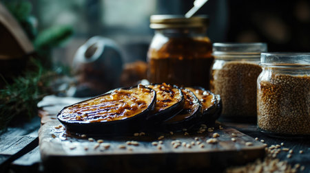 A shot of freshly grilled eggplant slices brushed with sweet miso sauce, surrounded by jars of miso and sesame seedsの素材
