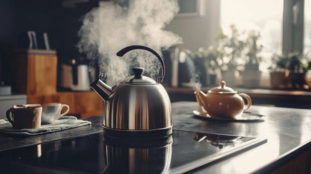 A side view of a brushed steel kettle on a cooktop, with steam rising and a teapot set ready on the counter.の素材