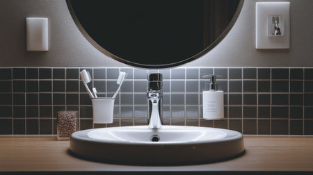 A simple round mirror hung above a bathroom sink, reflecting minimalist toiletries on the countertopの素材