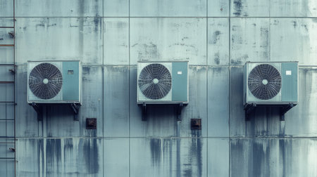 A side wall of a modern factory featuring large industrial air conditioning units for ventilation.の素材