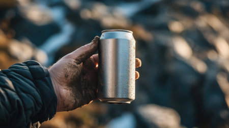 A rugged hand with dirt on the fingers holding an aluminum energy drink can in a hiking setting.の素材
