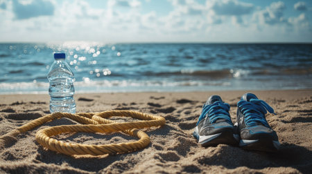 A skipping rope lying in the sand on a beach, with sneakers and a water bottle beside itの素材
