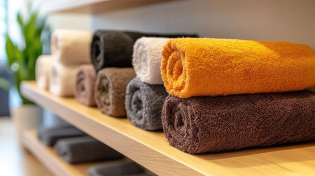 A row of rolled towels in earthy tones, displayed on a wooden spa shelf.の素材