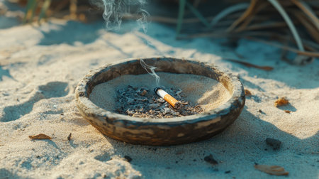 A sand-filled ashtray outdoors with a smoldering cigarette stub and scattered ashesの素材