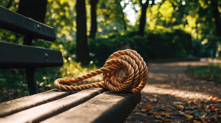 A skipping rope resting on a bench at an outdoor workout area, surrounded by greeneryの素材
