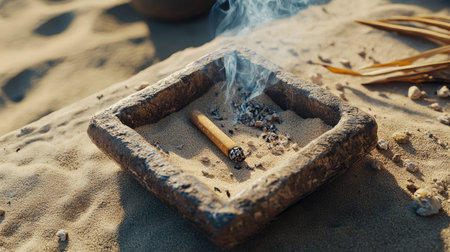 A sand-filled ashtray outdoors with a smoldering cigarette stub and scattered ashesの素材