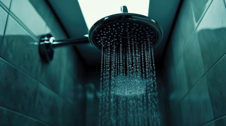 A chrome shower head with water droplets in a clean, stylish bathroom, highlighting its modern design and polished metal surfaceの素材