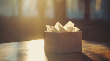 A napkin box with tissue on a simple table, with soft, natural lighting adding warmth to the clean, minimalist setting.の素材