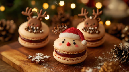 Christmas macarons decorated as Santa, reindeer, and snowflakes on a festive table setup with garlands, pinecones, and holiday cheerの素材