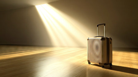A suitcase in a deserted airport terminal, with shiny floors and sunlight streaming in, representing solitude and adventure aheadの素材