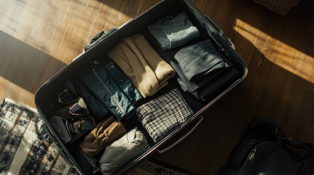 A traveler's open suitcase on a hardwood floor, with rolled clothes, shoes, and accessories, capturing the excitement of pre-trip packingの素材
