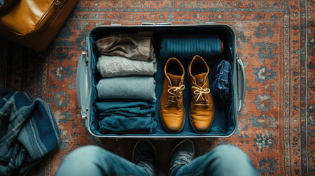 A traveler's open suitcase on a carpeted floor with rolled clothes, shoes, and other belongings, capturing the excitement of a tripの素材