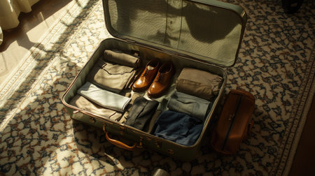 A traveler's open suitcase on a carpeted floor with rolled clothes, shoes, and other belongings, capturing the excitement of a tripの素材