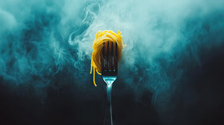 A fork wrapped with spaghetti noodles, glistening under dramatic lighting on a black background, showcasing the delicious simplicity of Italian cuisineの素材